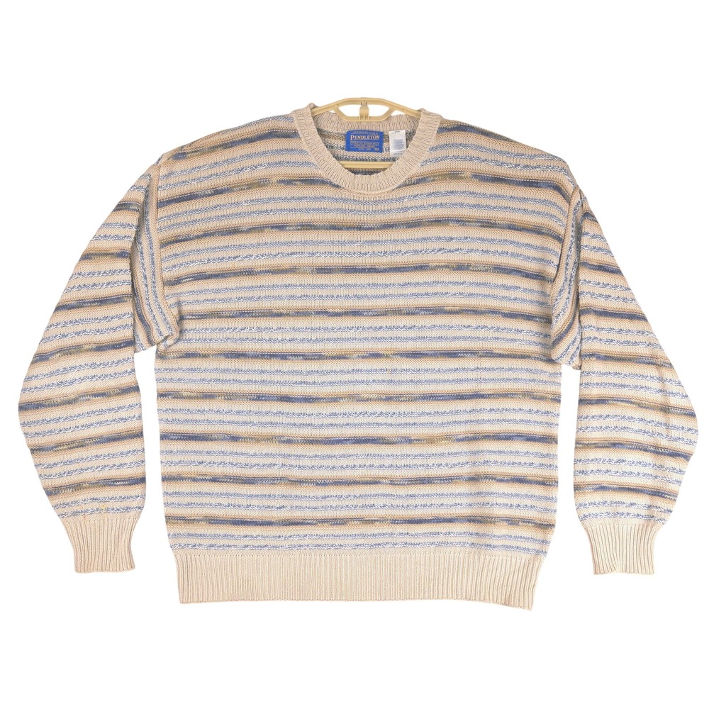Pendleton Vintage Mens XL Cotton Striped Crewneck Sweater Tan Blue Made in USA